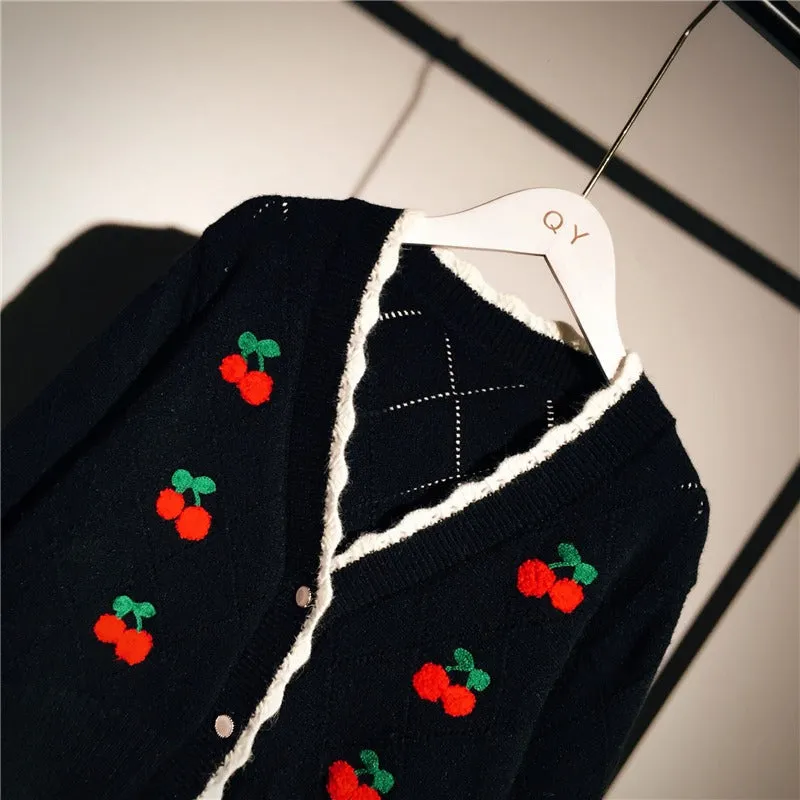 Cherry Embroidery Knit Cardigan Sweater