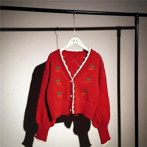 Cherry Embroidery Knit Cardigan Sweater