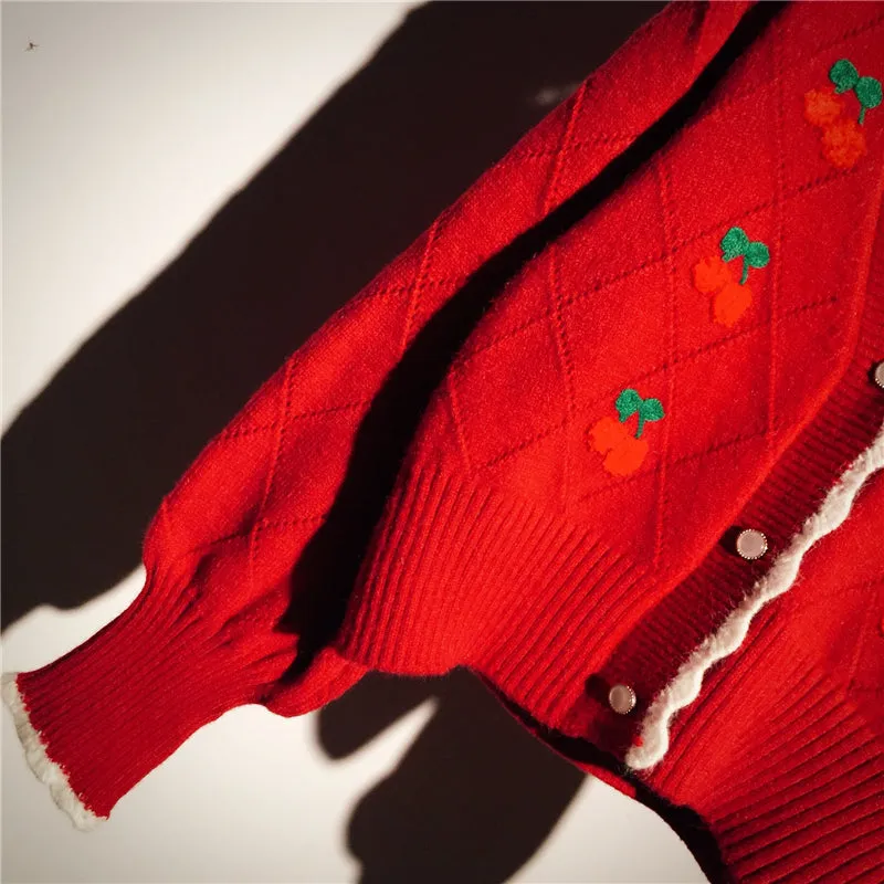 Cherry Embroidery Knit Cardigan Sweater