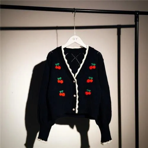 Cherry Embroidery Knit Cardigan Sweater