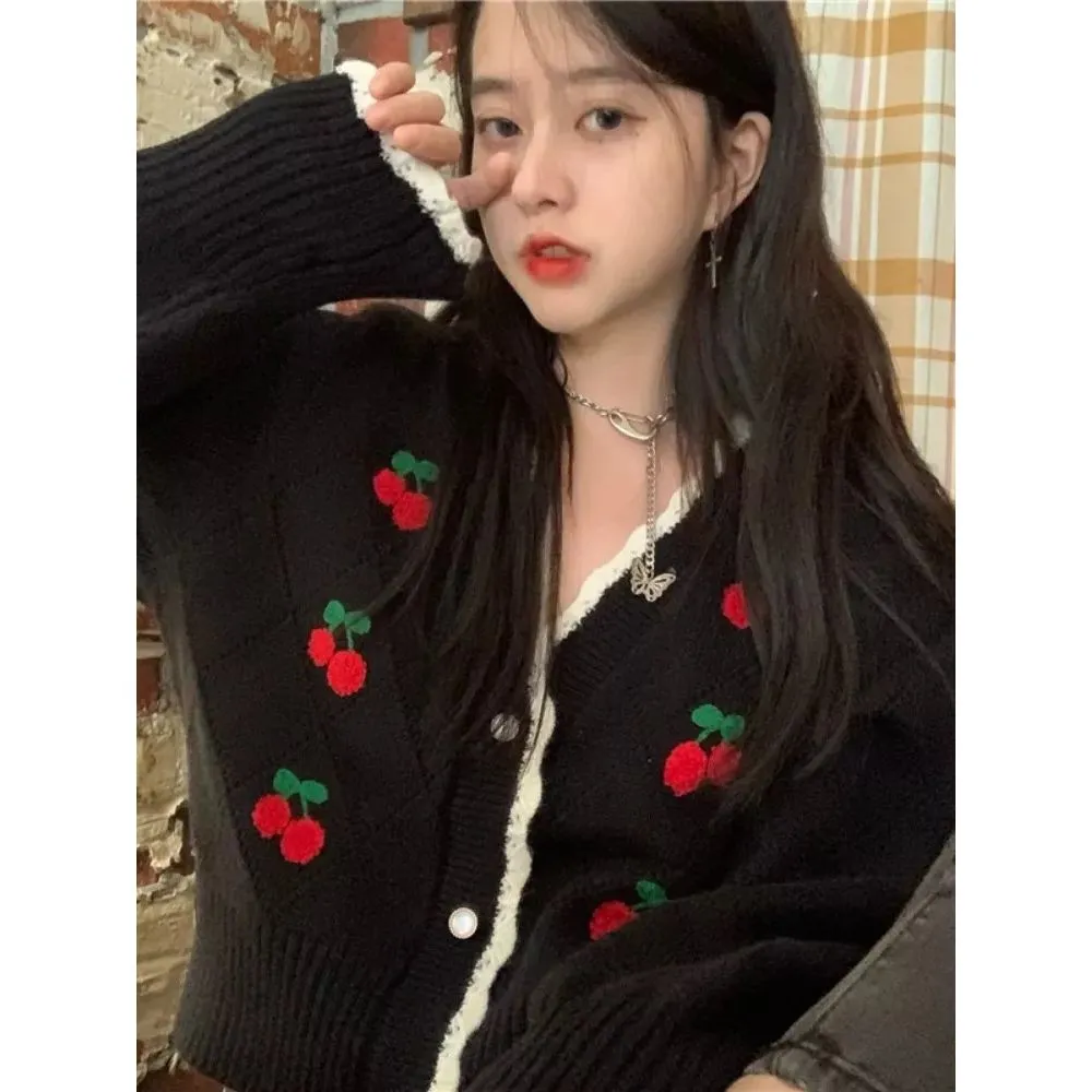 Cherry Embroidery Knit Cardigan Sweater