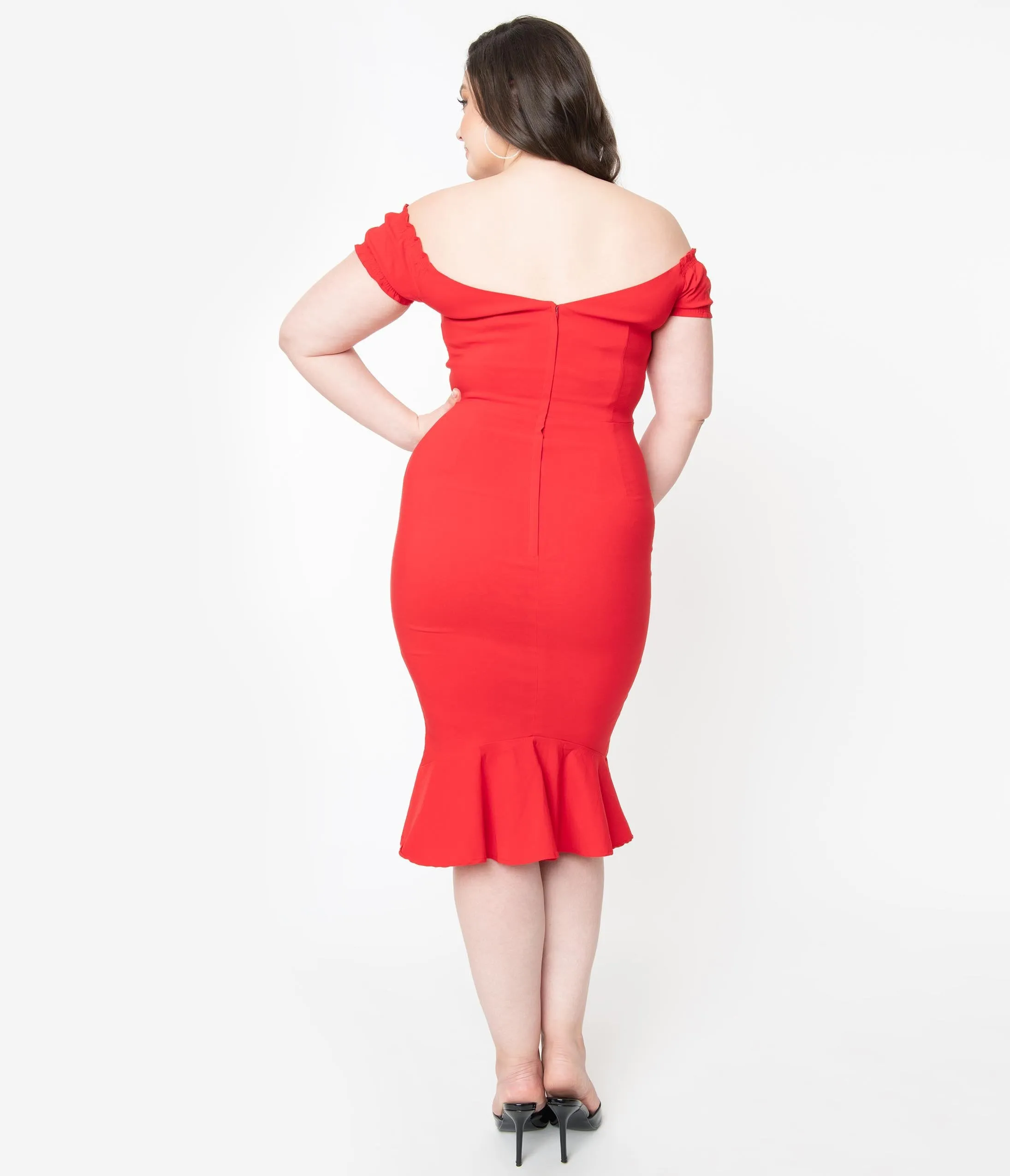 Collectif Plus Size Red Off Shoulder Sasha Fishtail Wiggle Dress