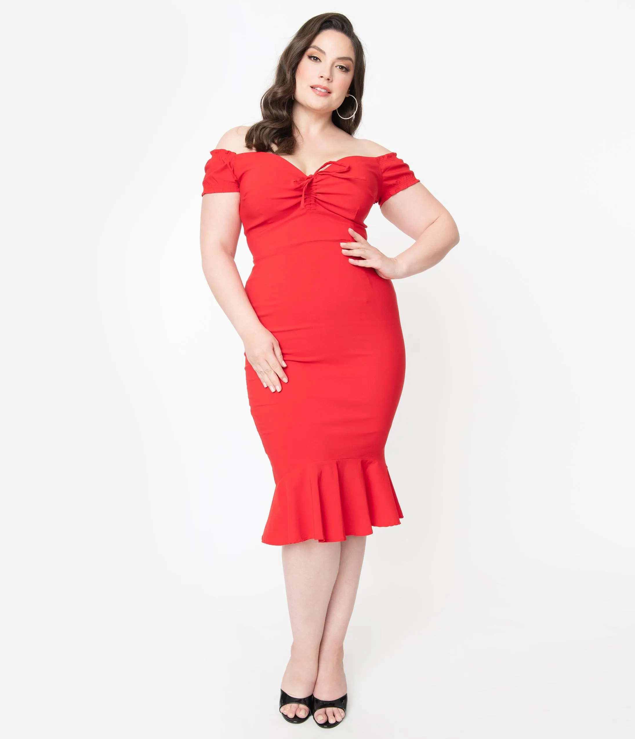 Collectif Plus Size Red Off Shoulder Sasha Fishtail Wiggle Dress