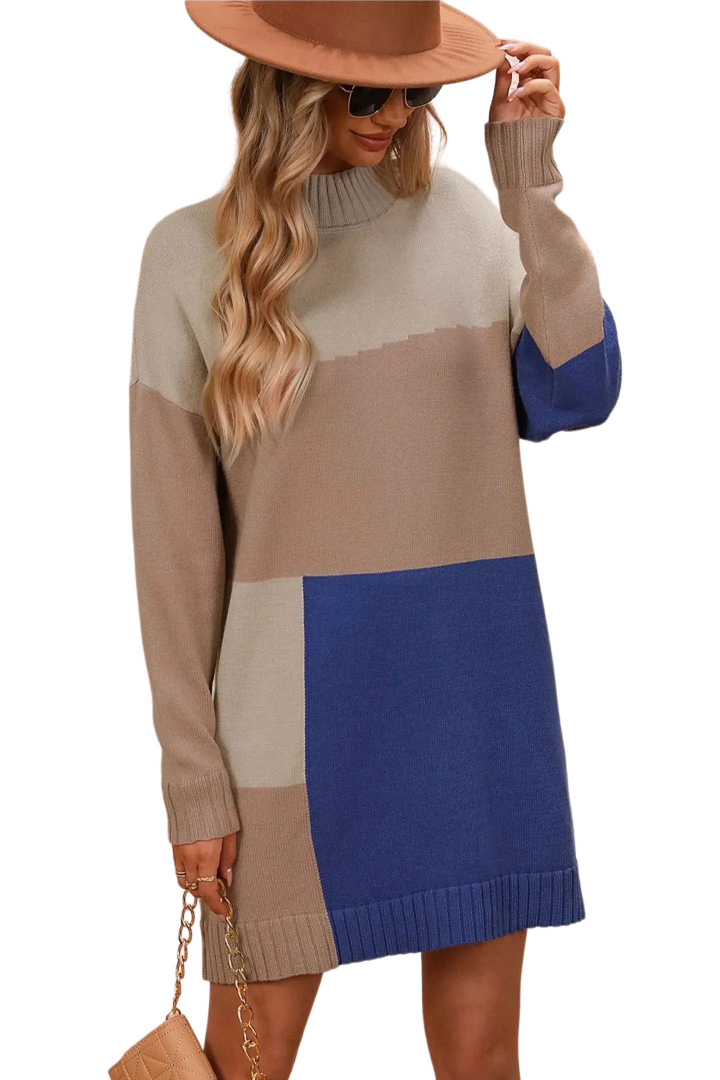 Color Block Mock Neck Dropped Shoulder Sweater Dress