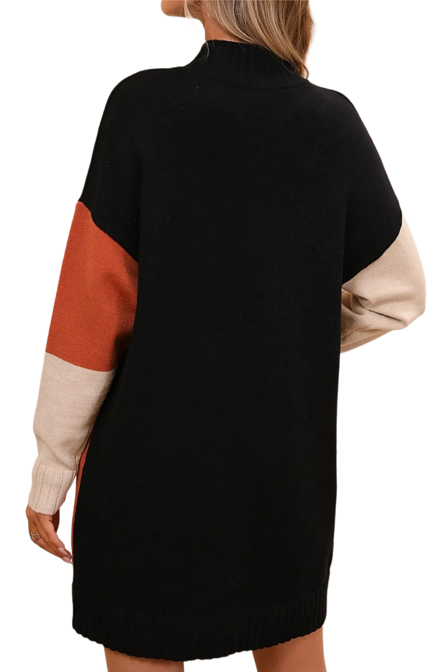 Color Block Mock Neck Dropped Shoulder Sweater Dress