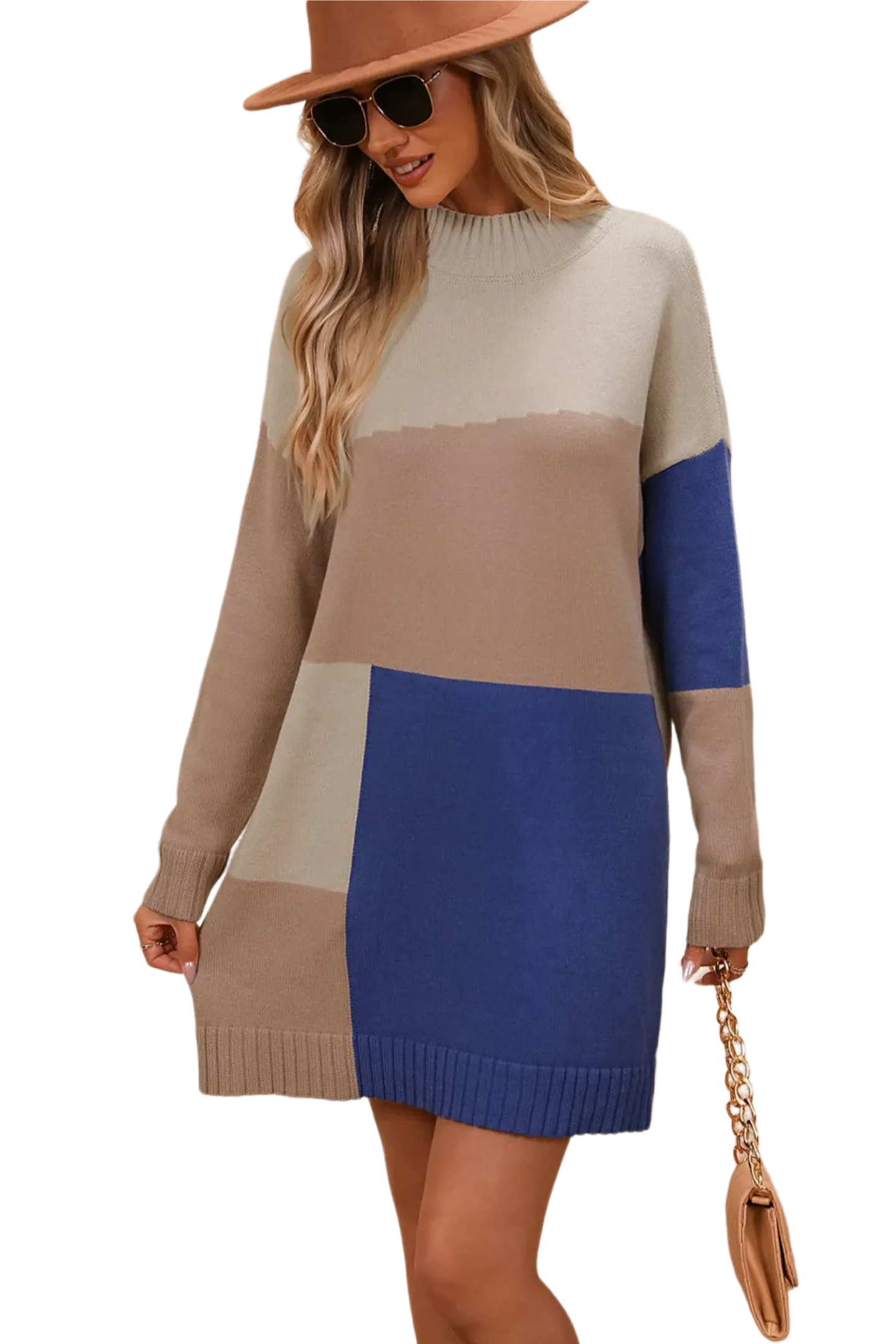 Color Block Mock Neck Dropped Shoulder Sweater Dress