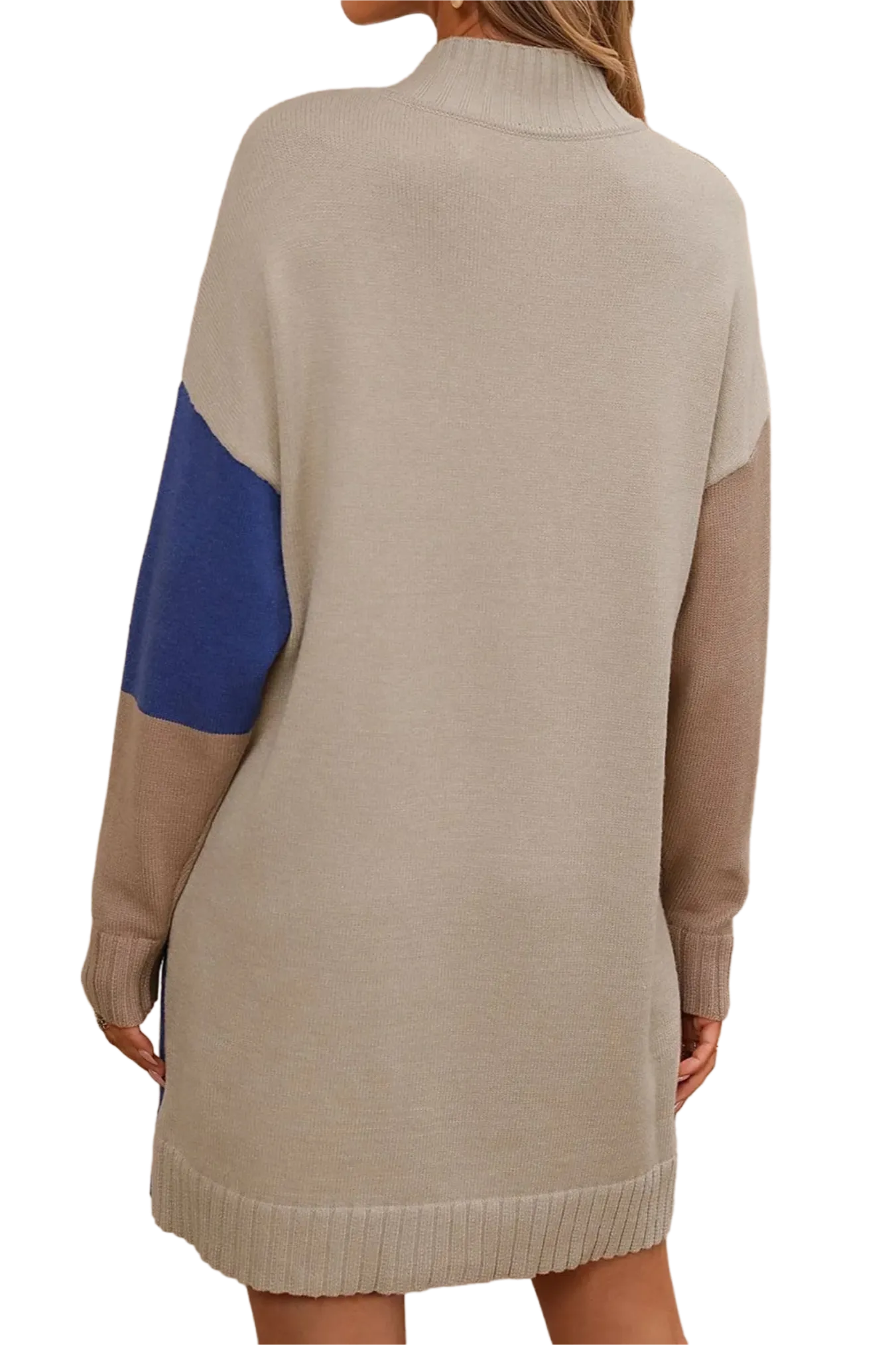 Color Block Mock Neck Dropped Shoulder Sweater Dress