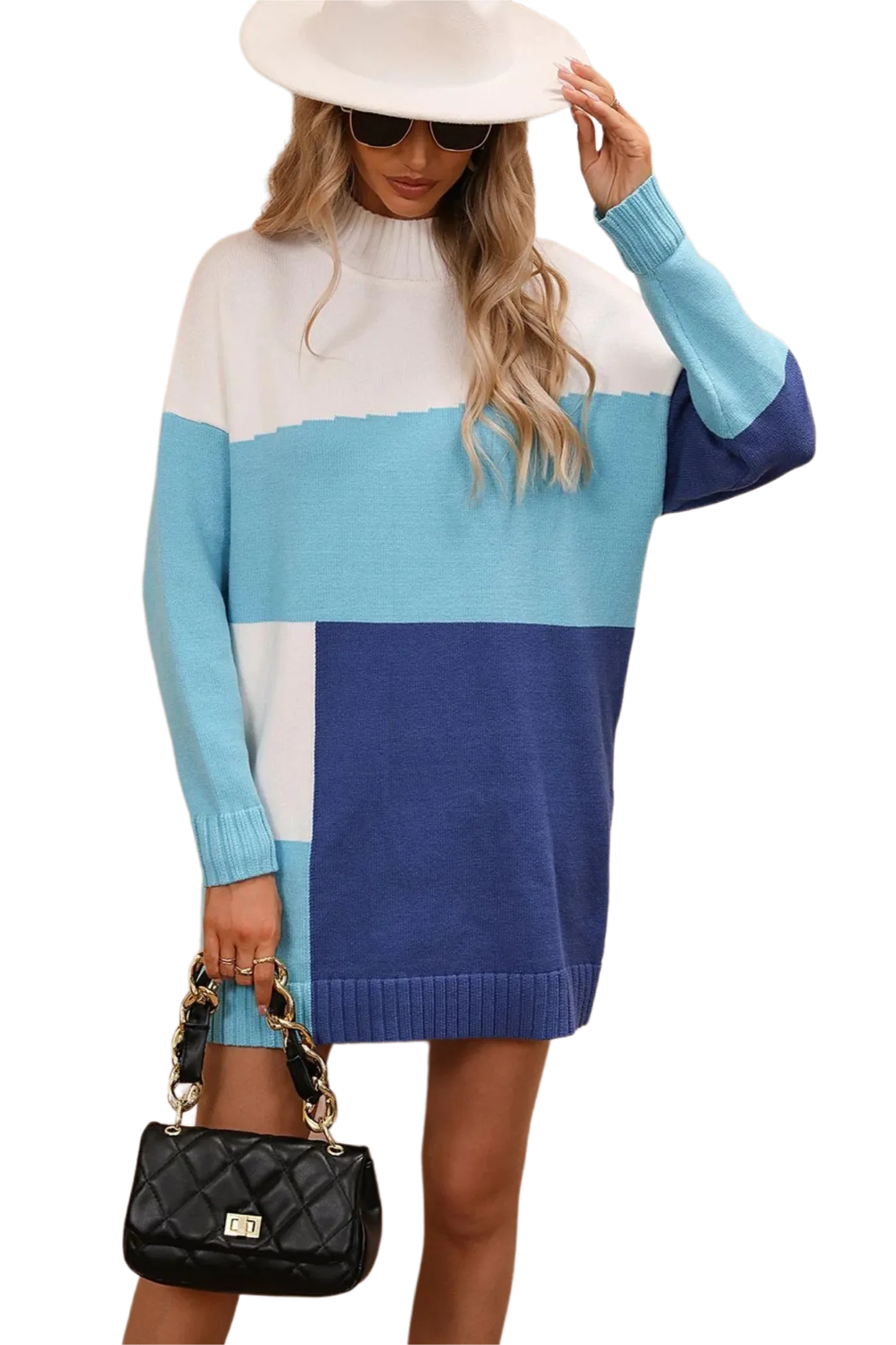 Color Block Mock Neck Dropped Shoulder Sweater Dress