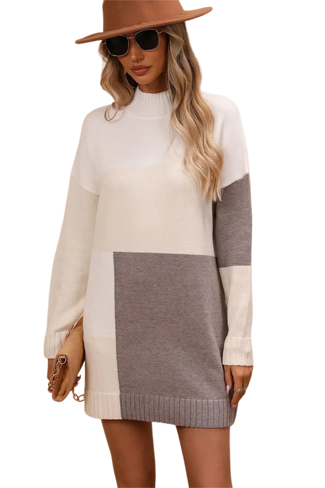 Color Block Mock Neck Dropped Shoulder Sweater Dress