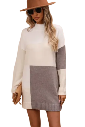 Color Block Mock Neck Dropped Shoulder Sweater Dress