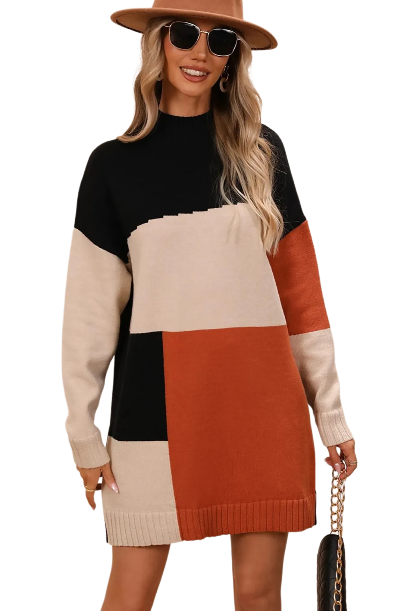 Color Block Mock Neck Dropped Shoulder Sweater Dress