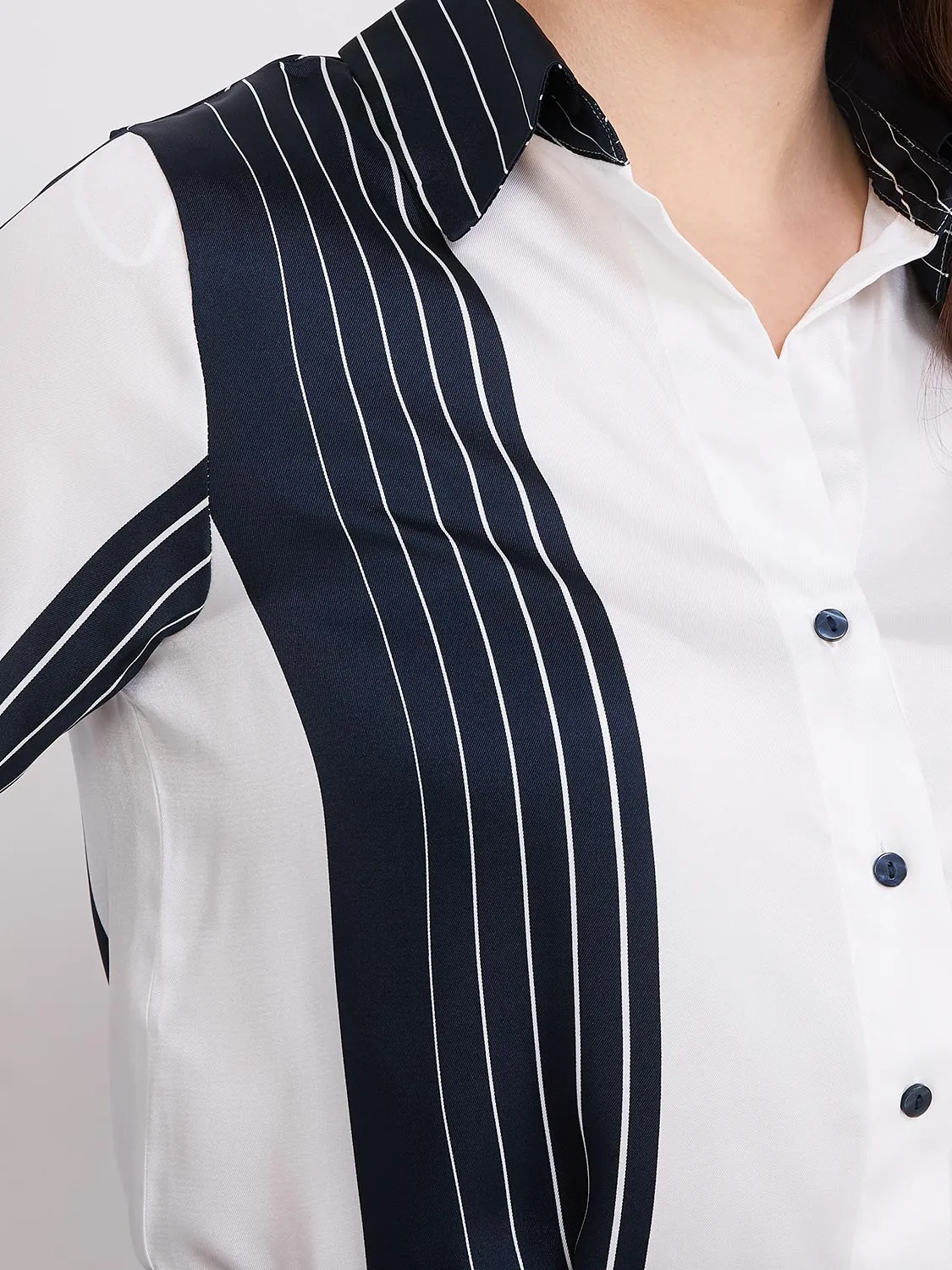 Colour Block Striped Satin Button-Front Blouse