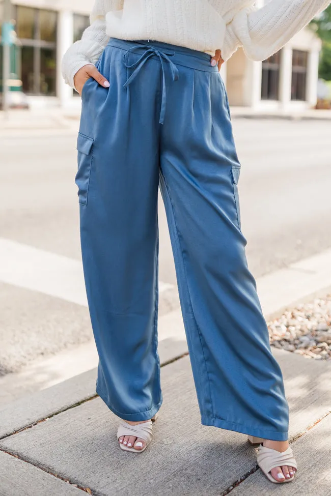 Cool Touch Blue Satin Cargo Pull On Pants