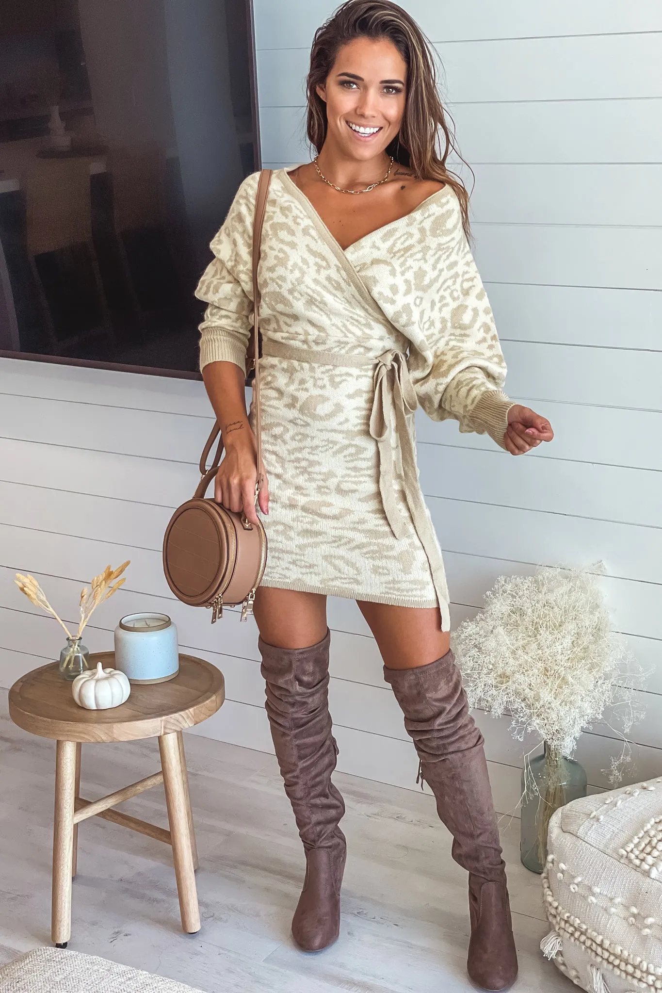 Cream Leopard Print Dolman Sleeves Sweater Dress