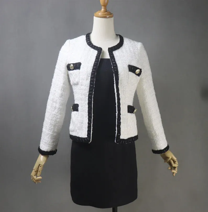 Custom Made Tailor Hand Made Black Trim White Tweed Blazer Coat  Skirt / Dress Suit