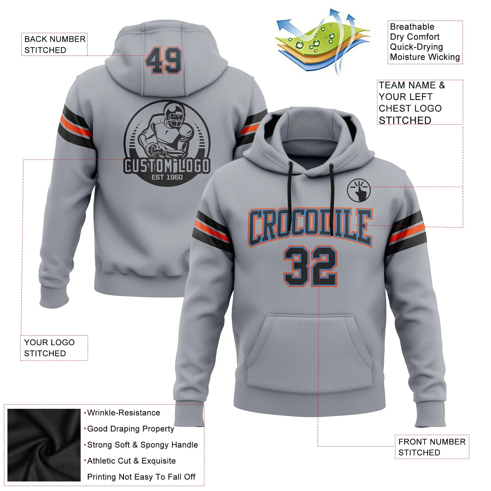 Custom Stitched Gray Black Powder Blue-Orange Football Pullover Sweatshirt Hoodie