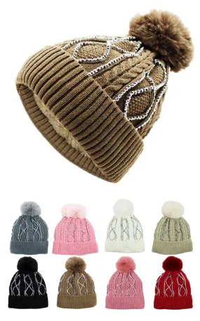 DBH3751 12pcs Beanie Hat Rhinestones Pompoms Knit Hat