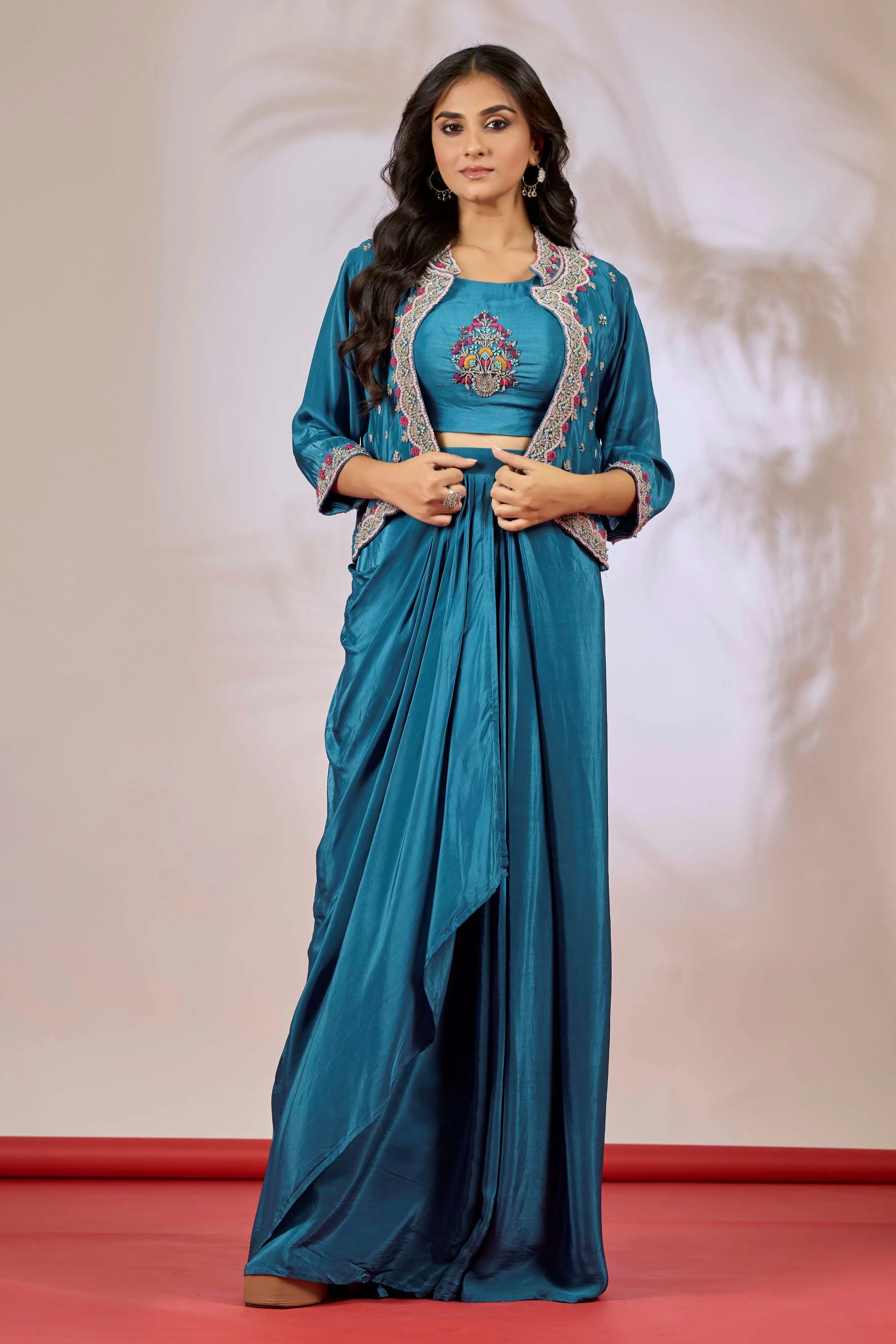 Deep Teal Embellished Chinon Silk Skirt Jacket Set