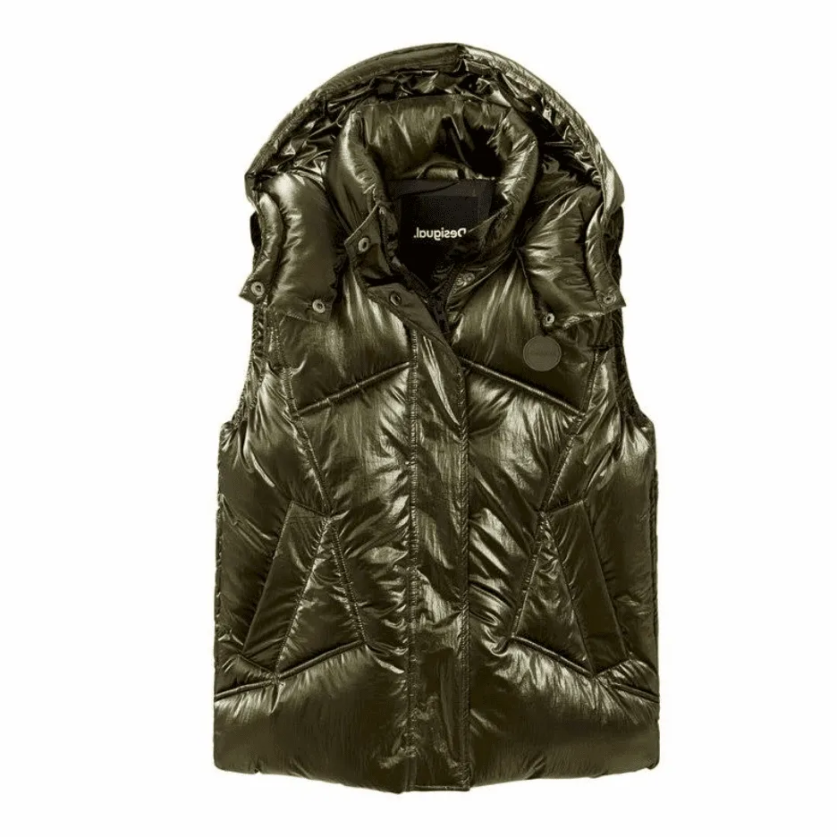 Desigual Iridescent Quilted Sleeveless Puffy Gilet Jacket - Dark Green