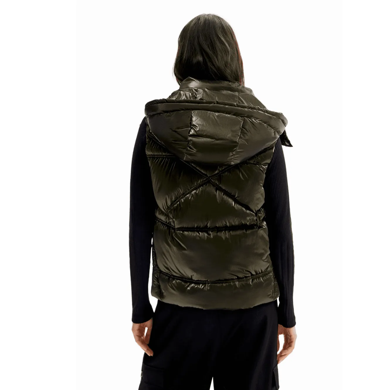 Desigual Iridescent Quilted Sleeveless Puffy Gilet Jacket - Dark Green