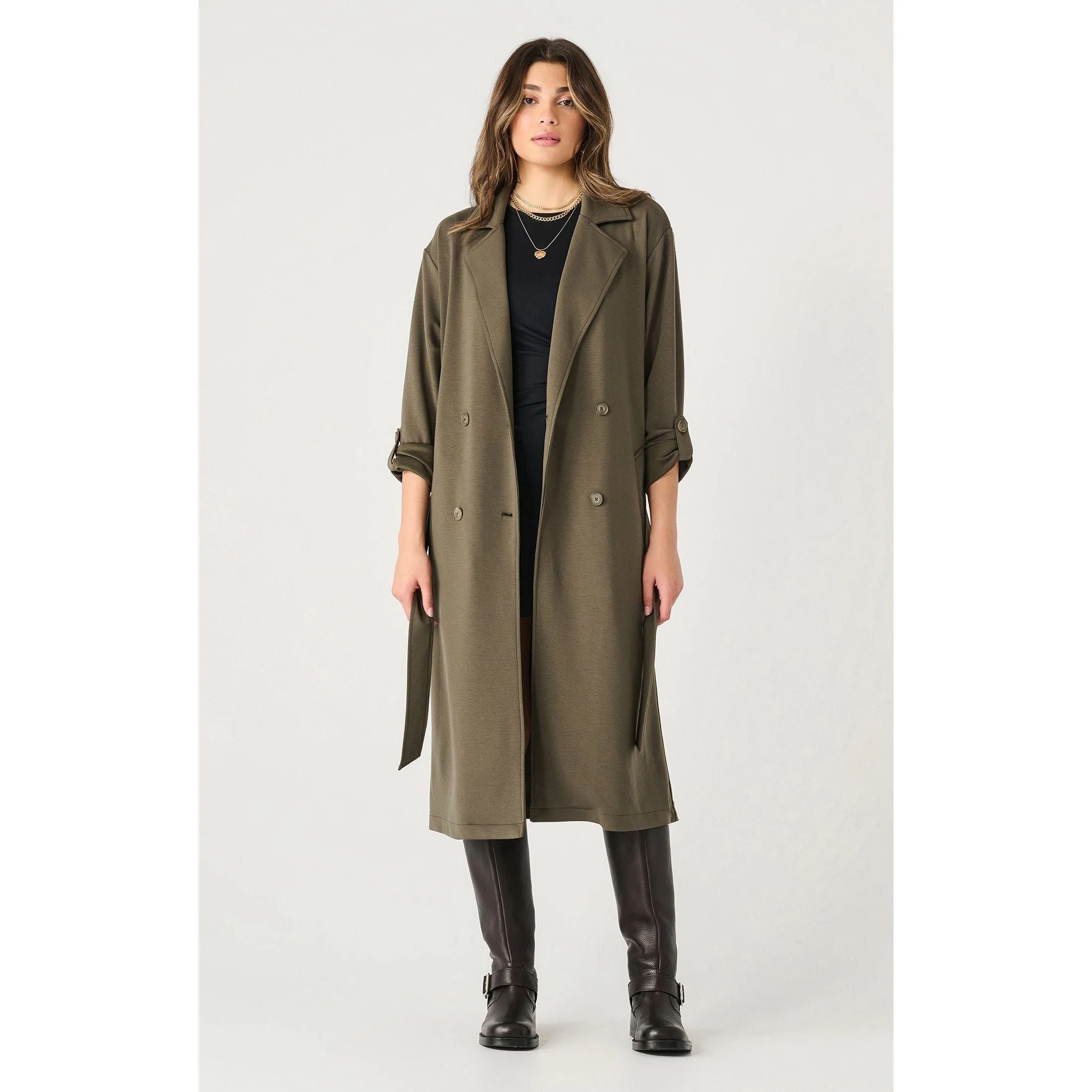 Dex Double Breasted Knit Trench Olive