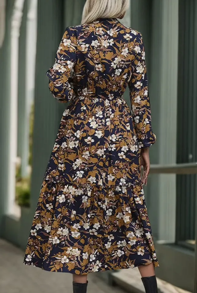 Dress - Vintage Print Long Sleeve V Neck Dress, Navy