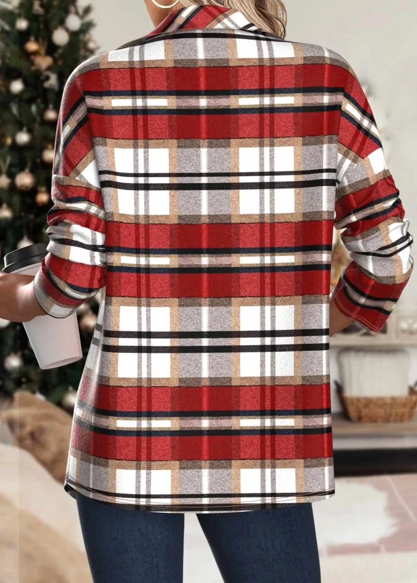 Elovana®                                                        Red Patchwork Plaid Long Sleeve Turn Down Collar Coat