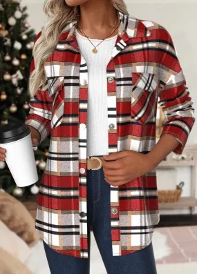 Elovana®                                                        Red Patchwork Plaid Long Sleeve Turn Down Collar Coat