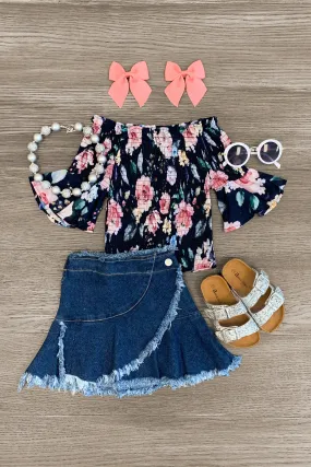 Floral Faux Wrap Denim Skirt Set