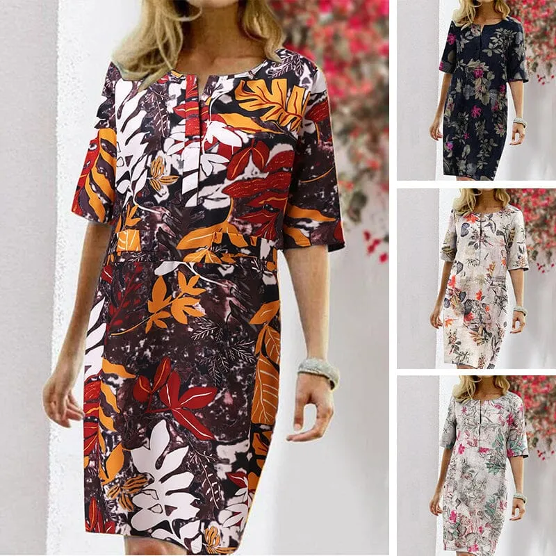 Floral Print Split O-neck Half Sleeve Casual Cotton Dress