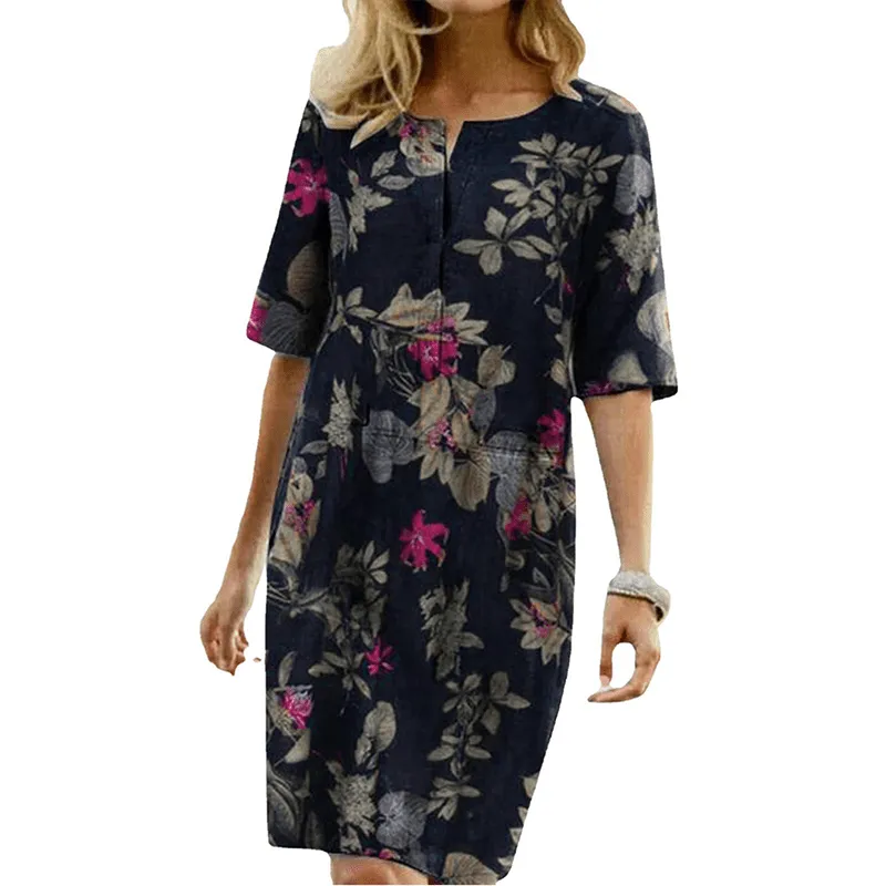 Floral Print Split O-neck Half Sleeve Casual Cotton Dress