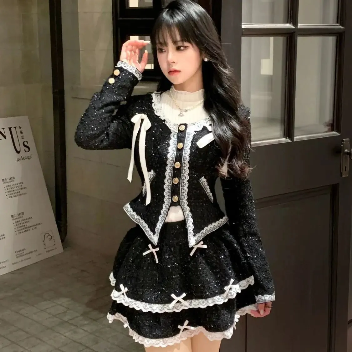 Girlary Skirt Outfits Chic Korean Two Piece Set Women Clothing Long Sleeve Tunic Coat A-line High Waist Skirts Suit Lace Bow Sweet Sets