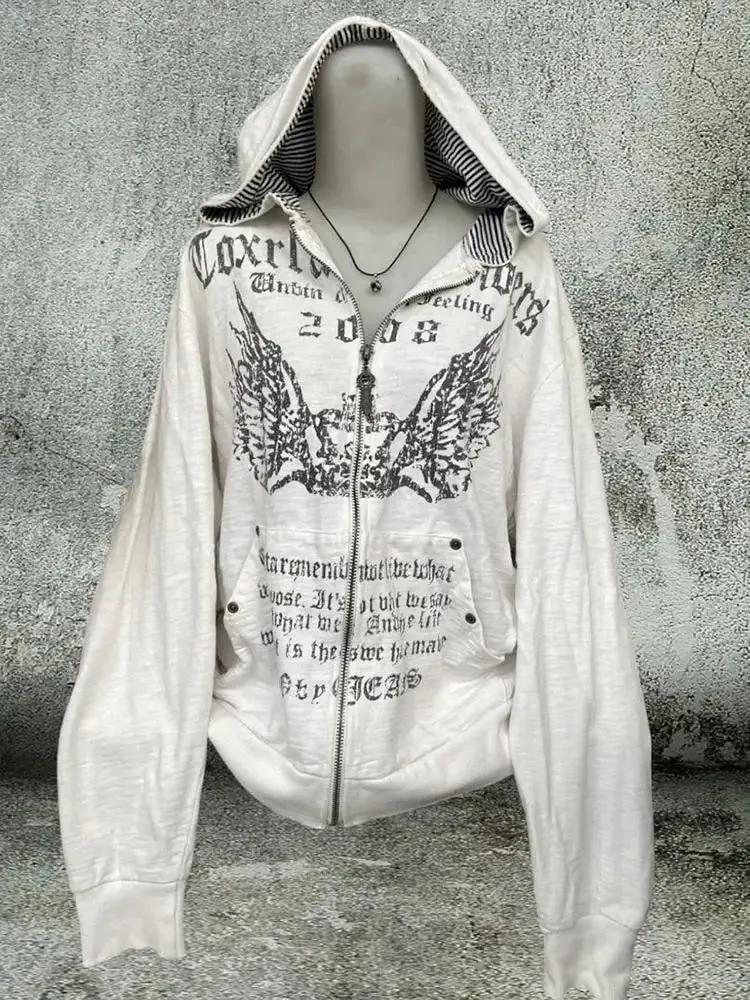 Girlary Vintage Sweatshirts 2024 Women's Clothes White Print Tunic Hooded Y2k Coat Streetwear Fashion Casual Hoodies Tops Ropa Mujer