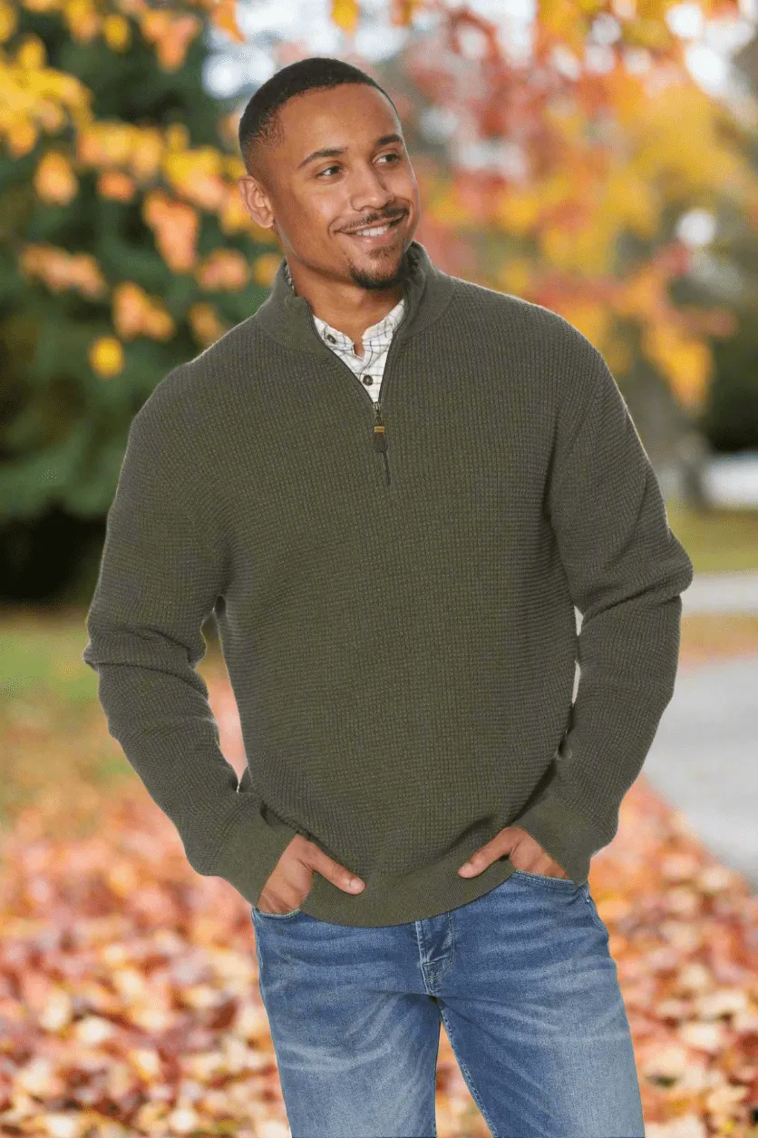 Green Mockneck Quarter Zip Cotton Mens Knit Sweater