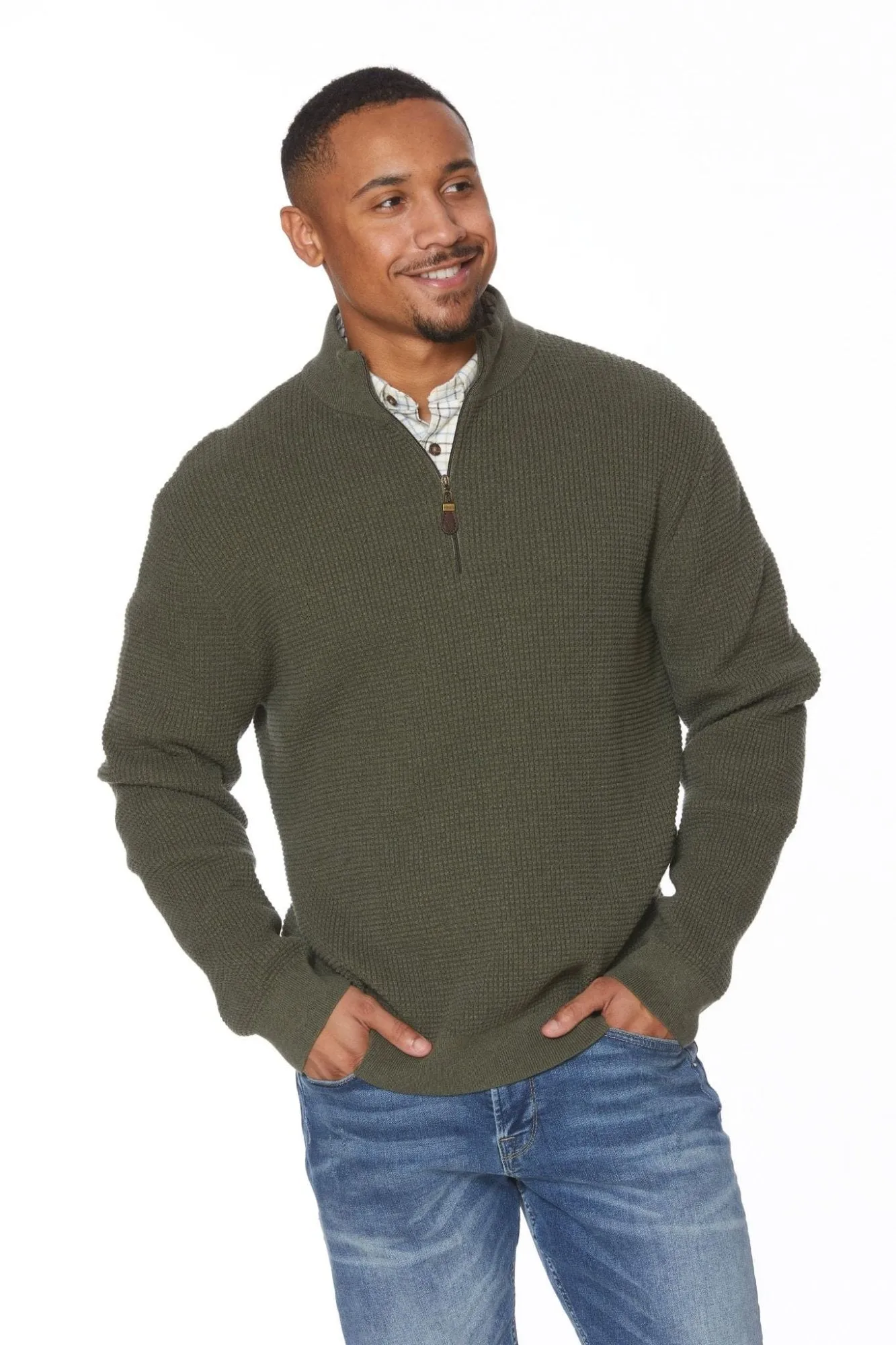 Green Mockneck Quarter Zip Cotton Mens Knit Sweater