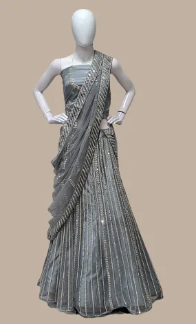 Grey Mirror Work Embroidered Lengha