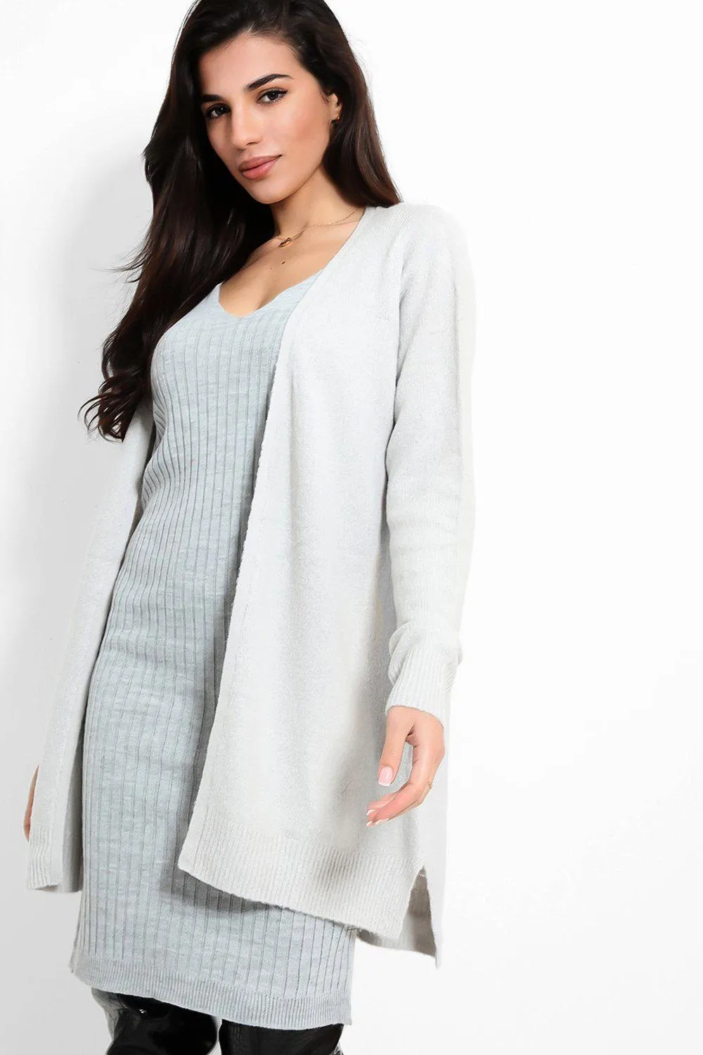 Grey Open Front Midi Length Cardigan