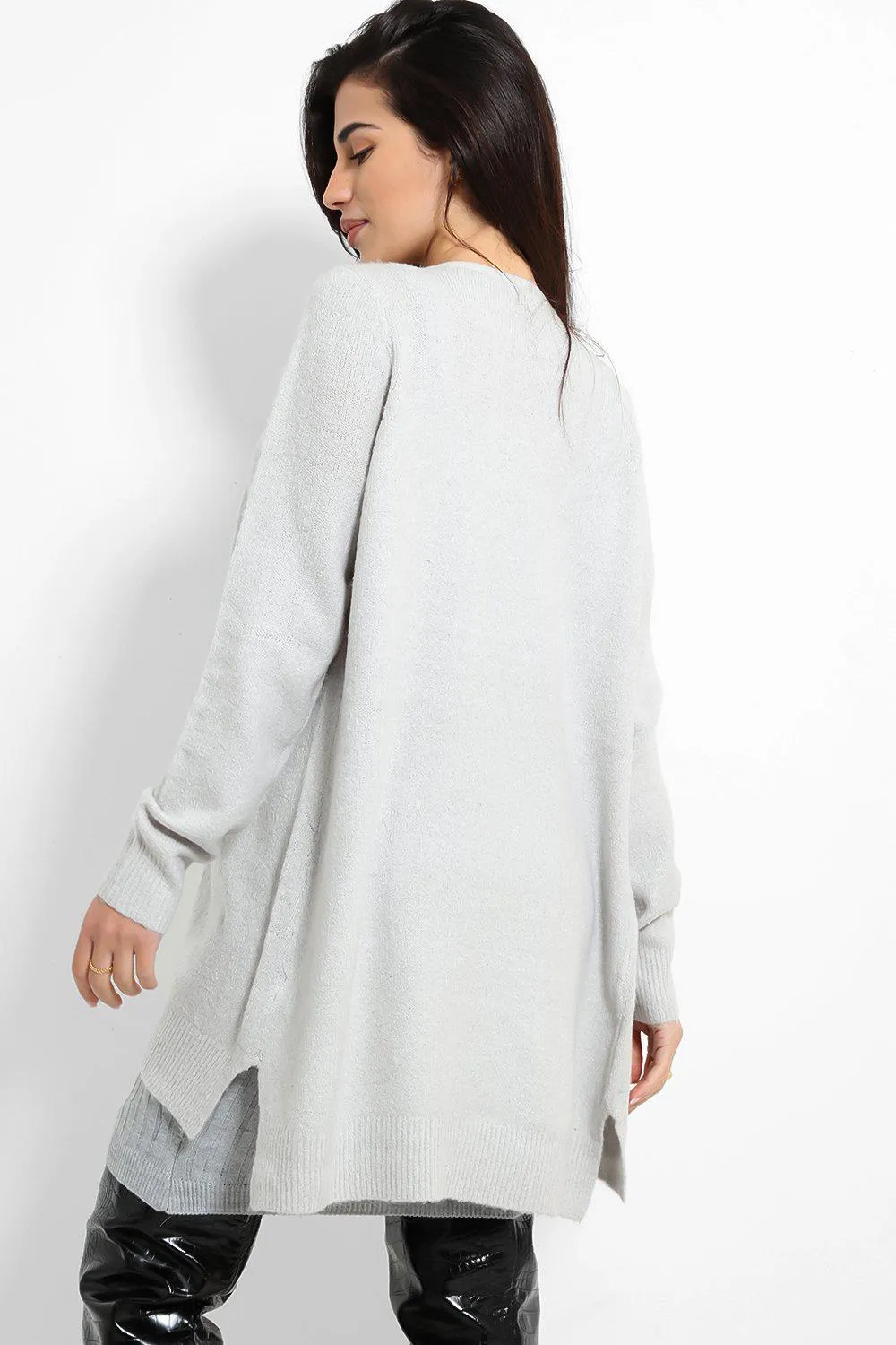 Grey Open Front Midi Length Cardigan