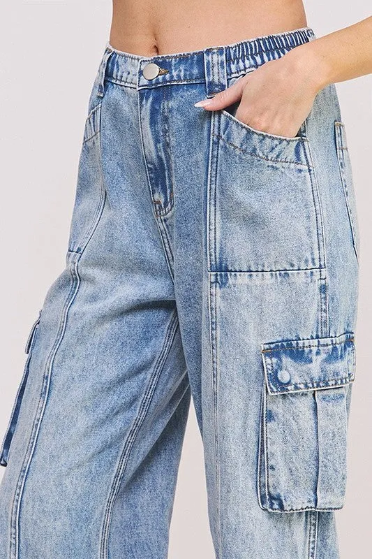 HIGH WAIST BAGGY DENIM CARGO ANKLE LENGTH TROUSERS - Plus Size - Online Exclusive