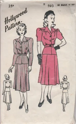 Hollywood 593 Ladies Suit Dress Two Piece Skirt Jacket Vintage 1940's Sewing Pattern