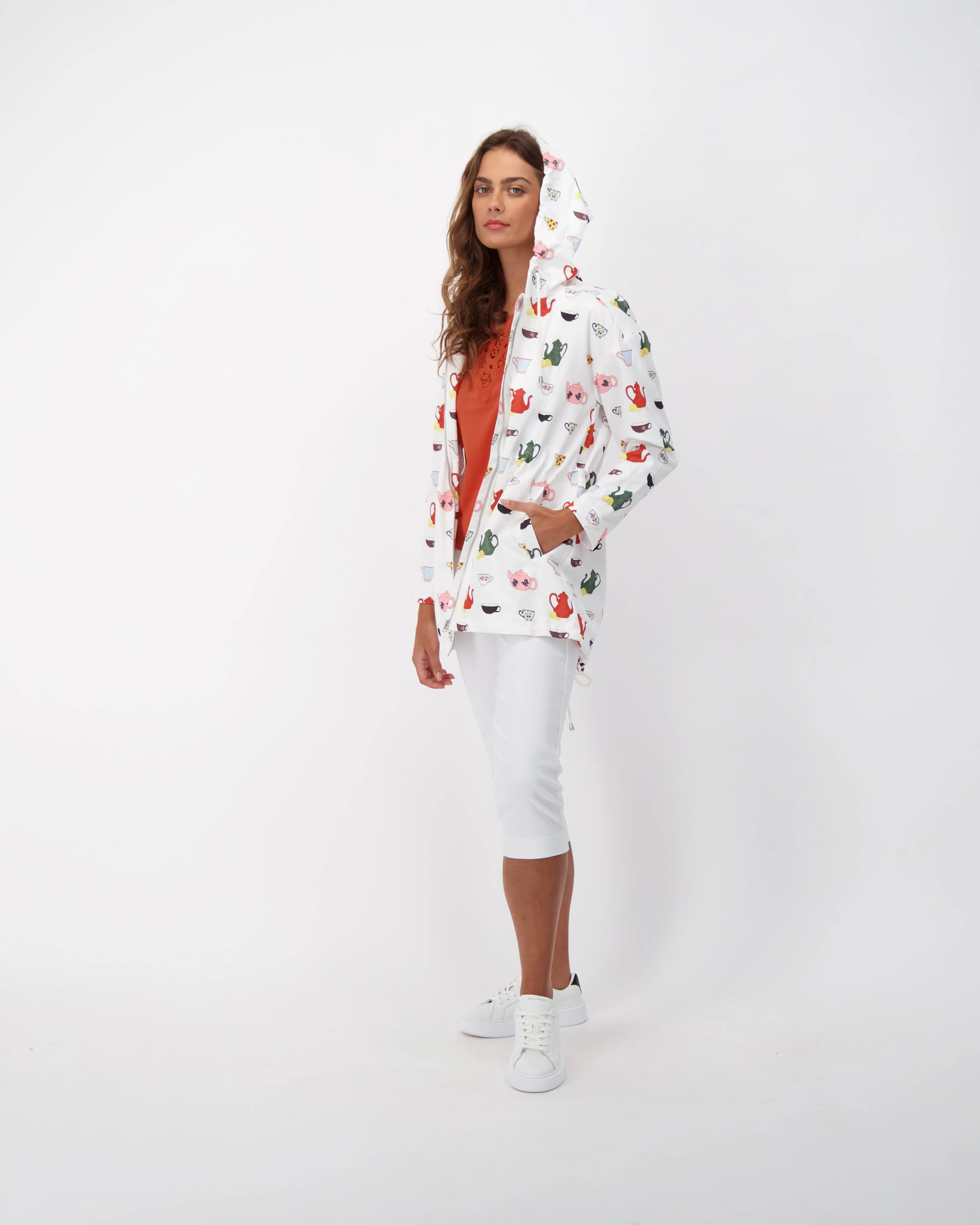 Hooded Tea Cup Print Parka Jacket