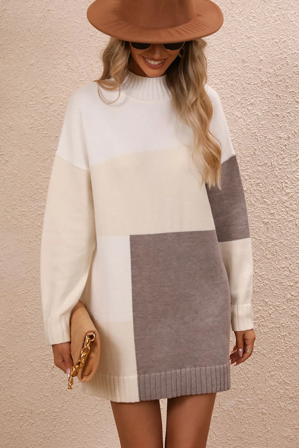 Hot Girl Color Block Mock Neck Mini Sweater Dress