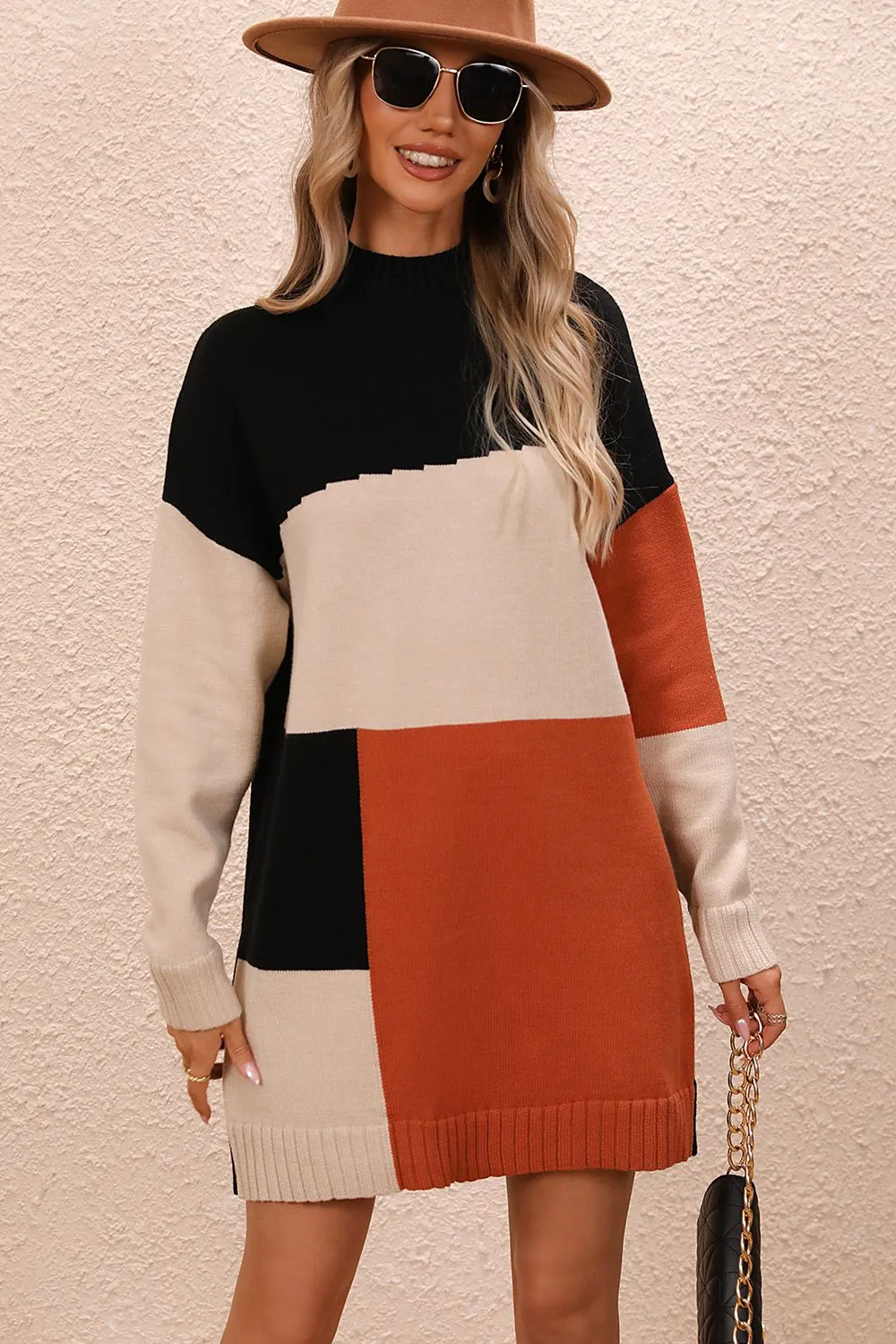 Hot Girl Color Block Mock Neck Mini Sweater Dress