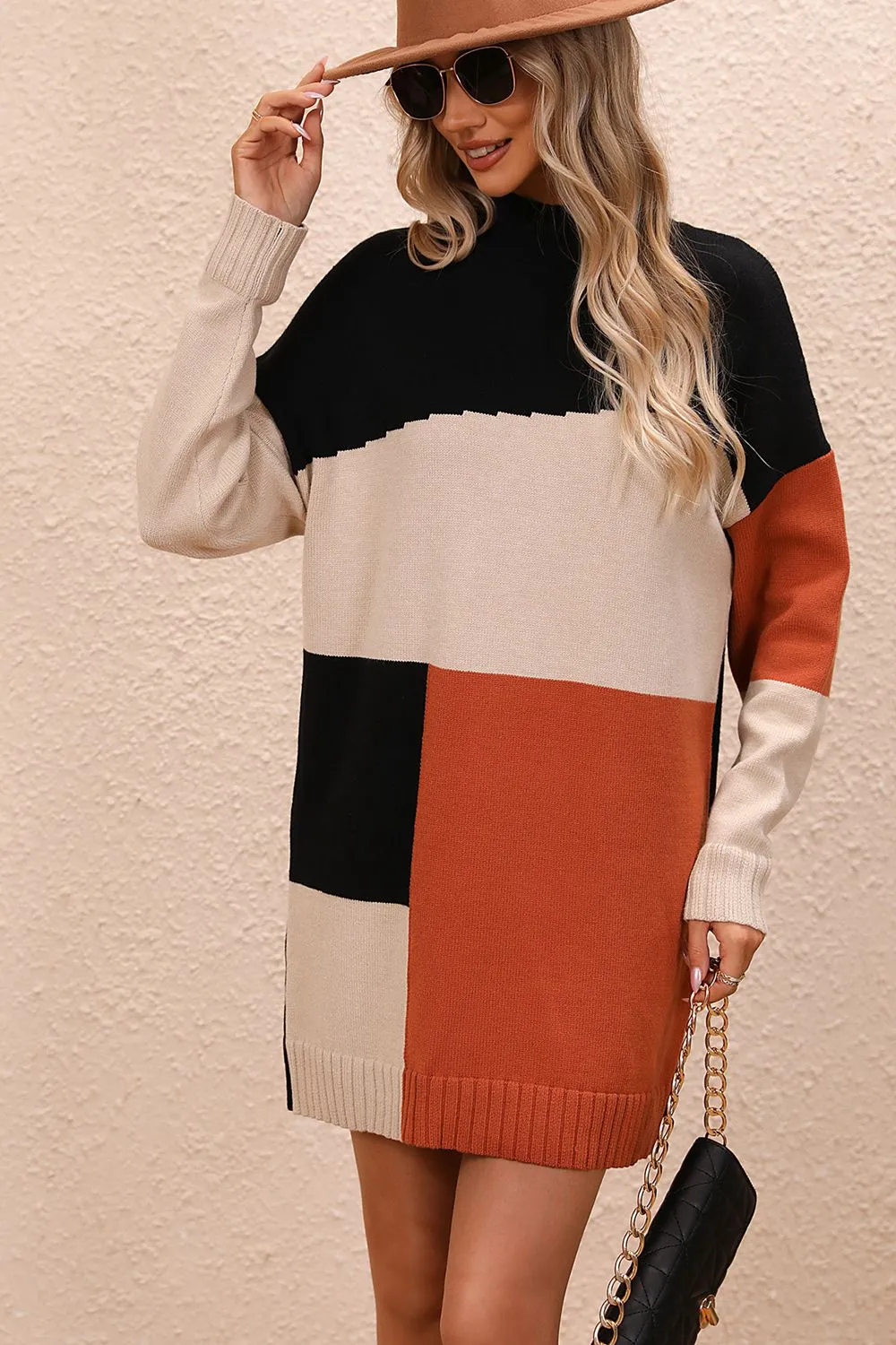 Hot Girl Color Block Mock Neck Mini Sweater Dress