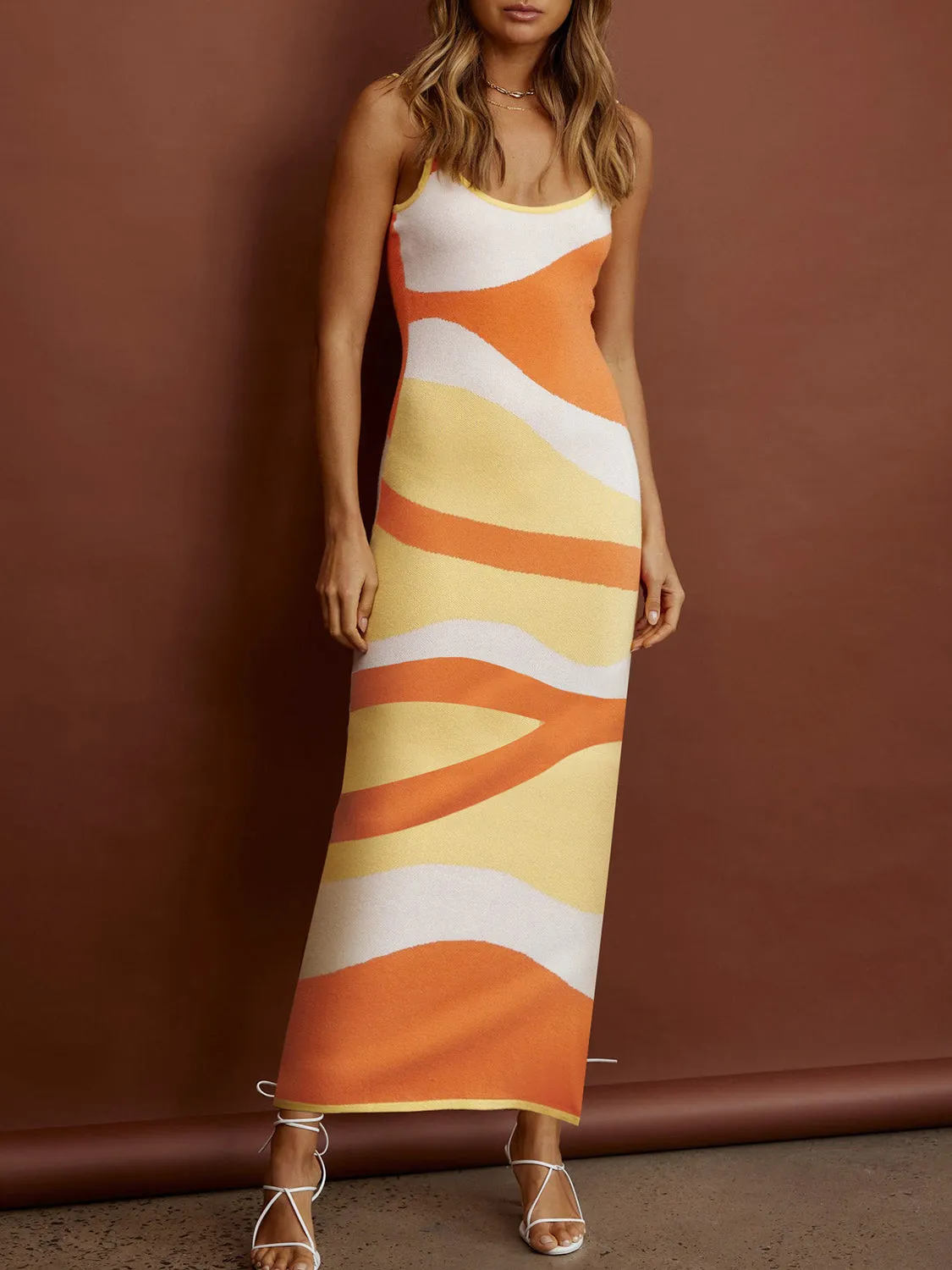 Hot Girl Geometric Print Spaghetti Strap Maxi Sweater Dress