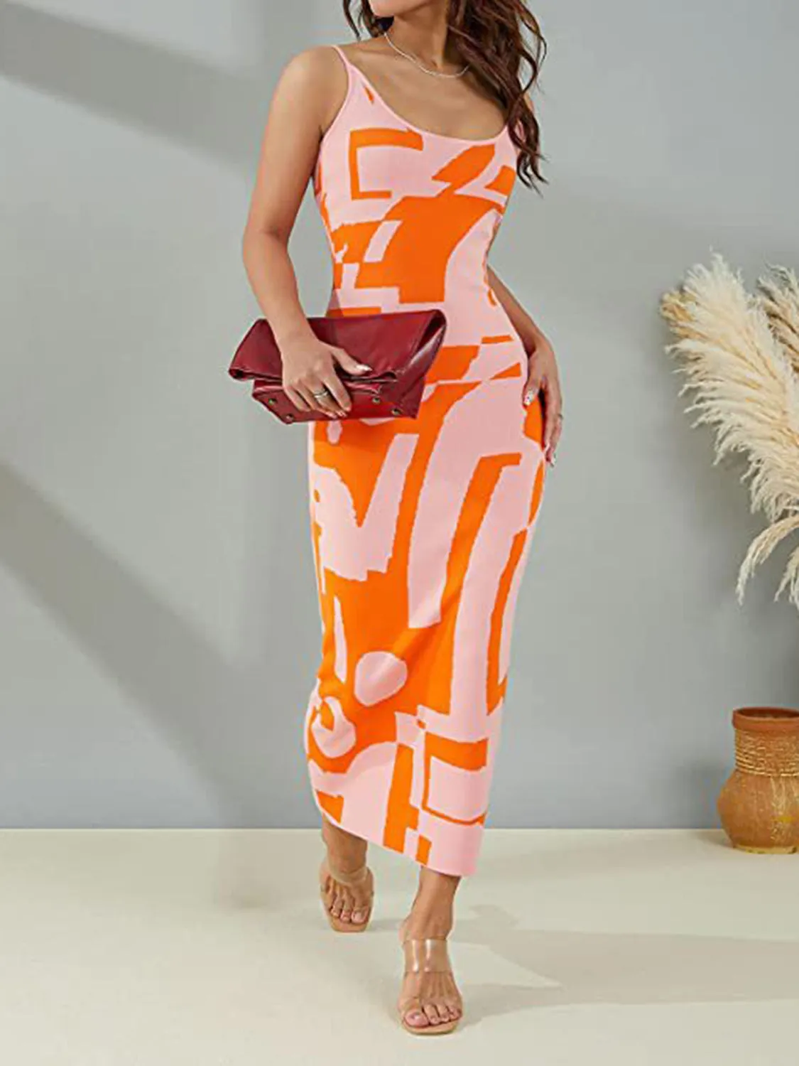 Hot Girl Geometric Print Spaghetti Strap Maxi Sweater Dress