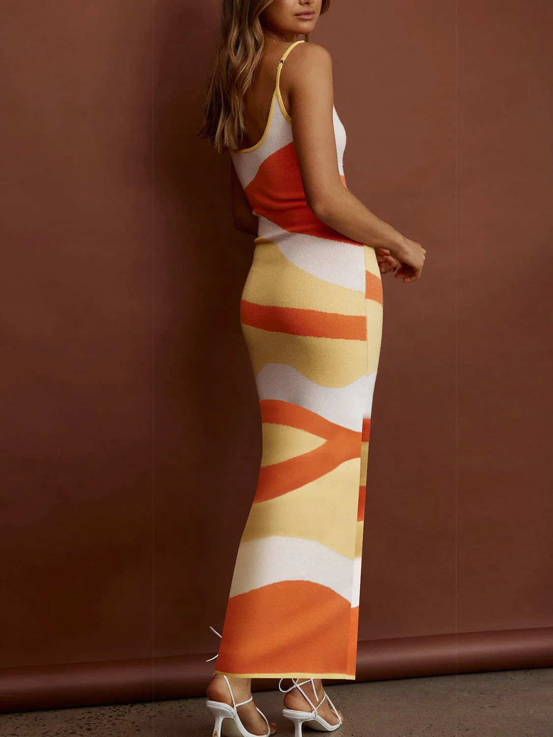 Hot Girl Geometric Print Spaghetti Strap Maxi Sweater Dress