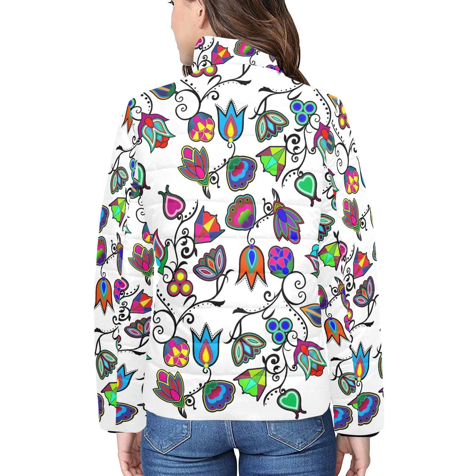 Indigenous Paisley White Women's Stand Collar Padded Jacket