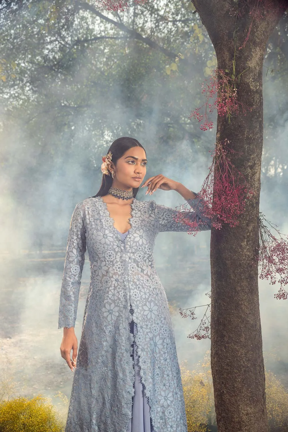 Ink Blue Jacket With Lehenga And Bustier