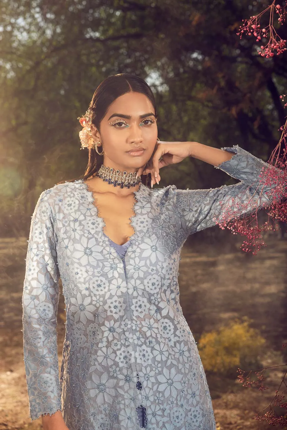 Ink Blue Jacket With Lehenga And Bustier